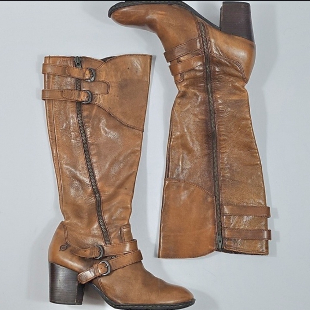 Born Milari Marrone Brown Leather Buckle Strap Tall Knee High Block Heel Boot - Picture 2 of 16